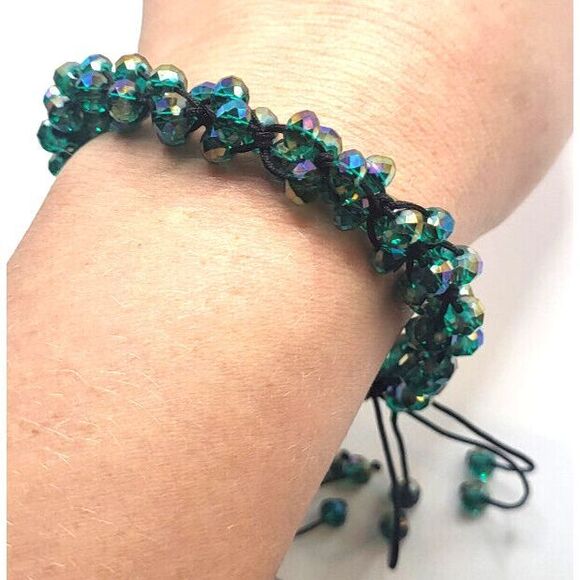 Crystal Emerald AB Peacock Rondelle Beads Iridescent Bracelet Slide Knot 8in - Picture 5 of 5
